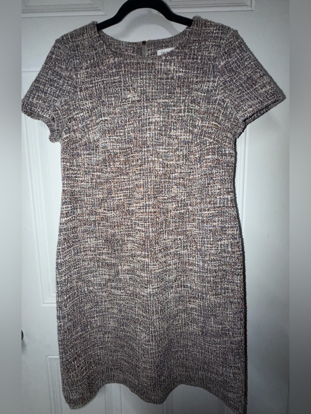 Calvin Klein Tweed Short-Sleeve Shift Dress in Brown and Cream